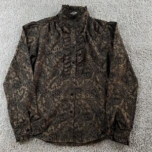 Vintage Shapely Blouse Womens 10 Brown Paisley Ruffle High Neck Long Sleeve Boho